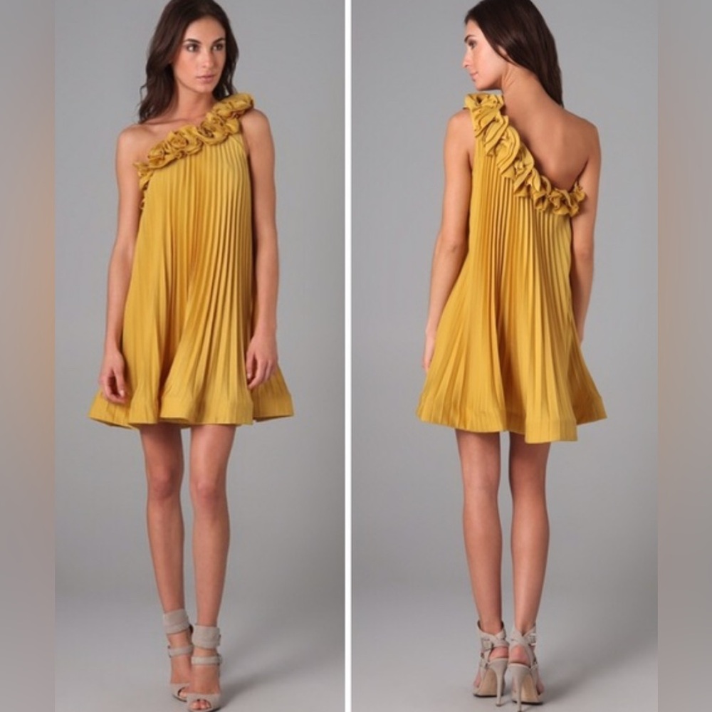 BCBGMaxAzria One-Shoulder Mustard Yellow Pleated Ruffle Dress